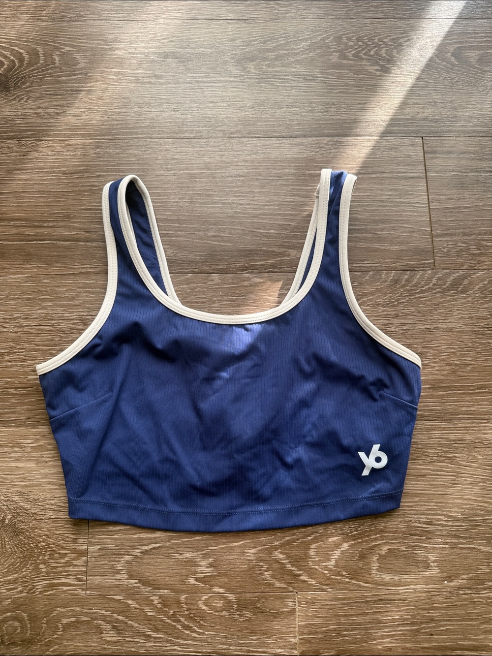 Y6 Navy Sports Bra with Cream Trim — Low-Impact Support